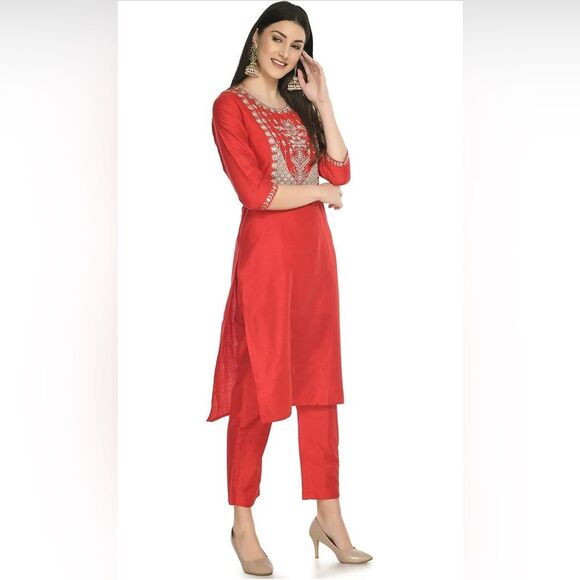 Lagi Women Straight Embroidered Kurti Dupatta with Pant Set (120) - Picture 1 of 5